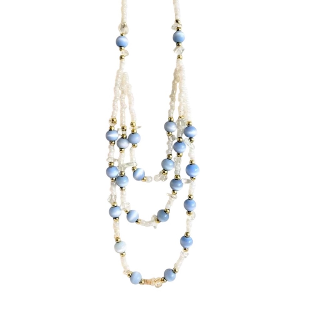 Blue & white quartz cat-eye bead necklace